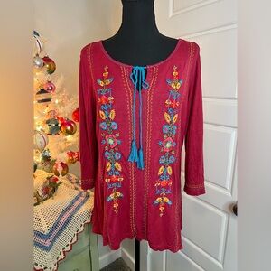 Krista Lee Maroon Colorful Floral Western Boho Embroidery Beaded Blouse Sz L